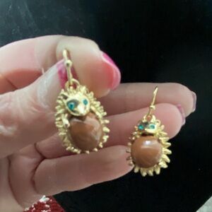 Gold Tone Porcupine Pierced Drop Earrings With Brown Bead Belly